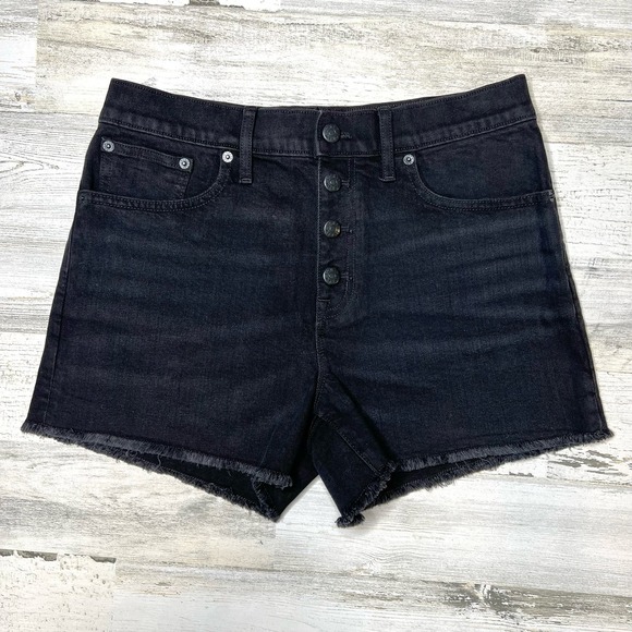 J. Crew Factory NWT Size 24 High Rise Button Fly Raw Hem 3” Black Denim Shorts - Picture 4 of 8